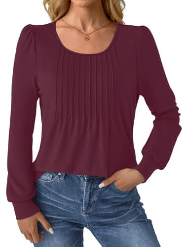 GKBK Women Long Sleeve Shirts Fall Tops Dressy Pleated Scooped Neck Tunic Tops for Leggings Wine Red L - Thumbnail 2
