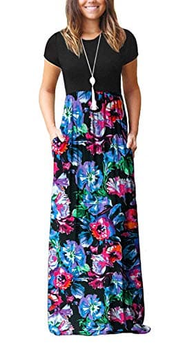 DEARCASE Women Long Maxi Dress Flower Purple Blue XX-LargeCrewneck Boho Short Sleeve A-line Casual Hawaiian Flowy Party Vintage Spring Summer Beach Plus Size Dresses with Pockets - Image 1