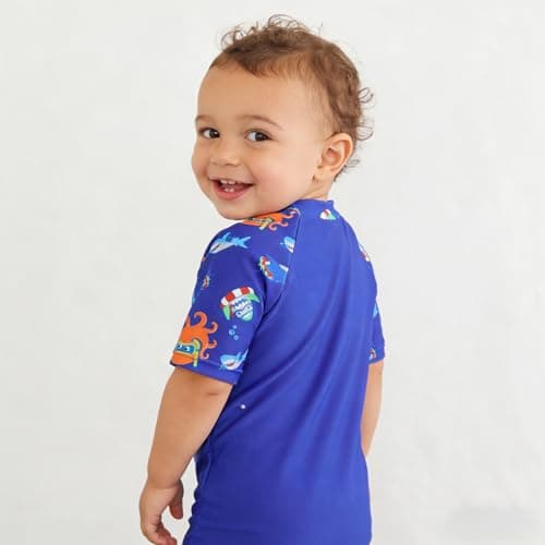 DivingBirds Toddler Boy Rash Guard Swimsuit Short Sleeve,Baby Boy One Piece Swimwear Sun Protection Bathing Suit,Blue Shark,3-6 Months - Thumbnail 3