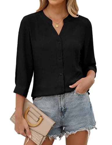 Zelroxa Womens Black 3/4 Sleeve Button Down Up Dress Shirts Business Casual Professional Work Tops 2026 Summer V Neck Guaze Office Loose Fit Blouse Trendy Outfits Clothing - Image 1