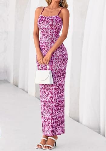 BTFBM Womens Maxi Dress 2026 Spring Floral Sexy Spaghetti Straps Sleeveless Bodycon Summer Beach Wedding Guest Dresses(Dark Purple Print, X-Small) - Thumbnail 6