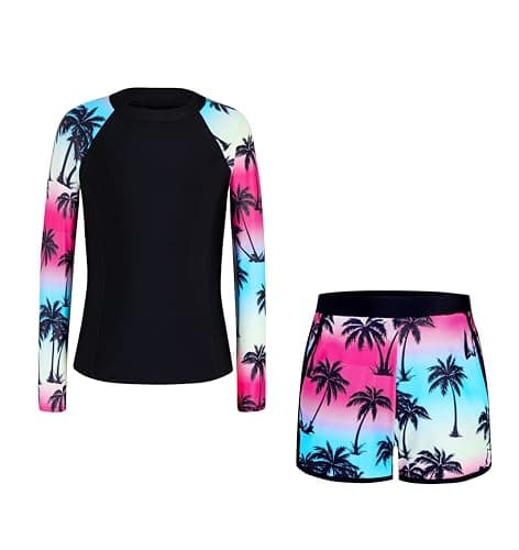 Alakuoti Girls Rash Guard Swimsuit Two Piece Bathing Suit UPF 50+ Sun Protection Long Sleeve Swimwear Size 6 Black Palm Tree - Thumbnail 5