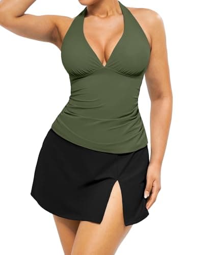 Popilush Tankini Swimsuits for Women Tummy Control Two Piece Shapewear Bathing Suits with Skirt Halter Ruched Swimwear Green - Image 1