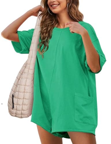 NILOINE Short Rompers for Women Summer Oversized Casual Athletic Workout Cute Beach Romper Shorts Jumpsuit Outfits(4-Green,Small) - Image 1