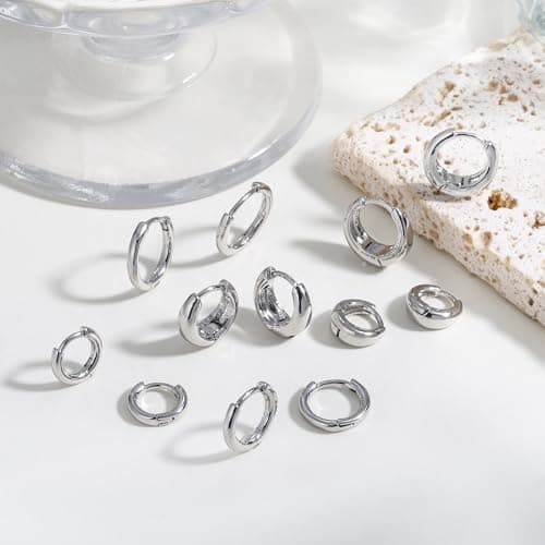 ALLHOLA 6 Pairs 14K Gold Plated Hoop Earrings for Women Hypoallergenic Small Huggie Hoops Earring Set for Sensitive Ears Non Tarnish Trendy Chunky Gold/Silver Earrings Cartilage Stacks for Multiple Piercing Jewelry Lightweight (Silver hoops) - Thumbnail 5