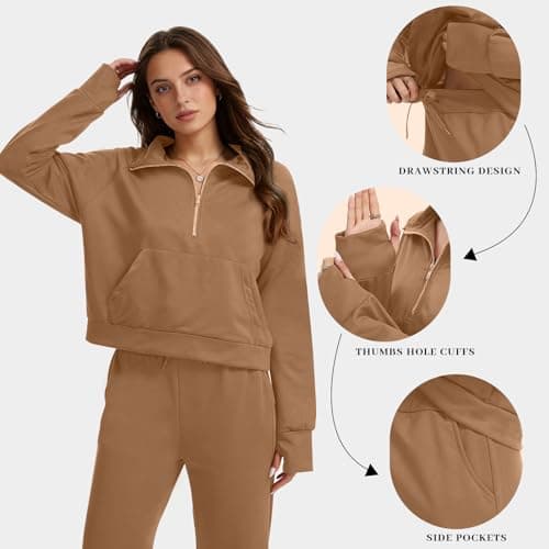 Anyshe Women's 2 Piece Sweatsuit Set Lounge Set Half Zip Sweatshirt with Kangaroo Pocket Thumb Holes Wide Leg Drawstring Pants Casual Tracksuit for Travel Daily Wear, Dark Khaki, Large - Thumbnail 5