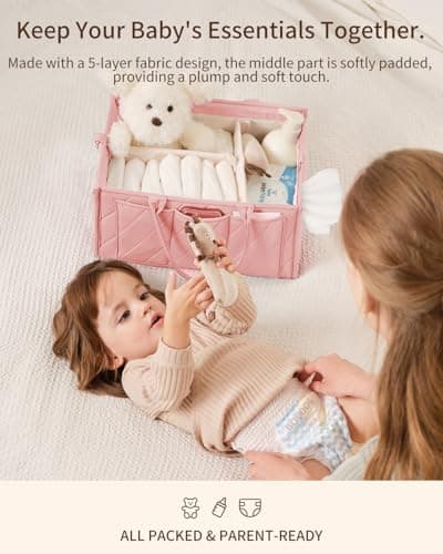 VKSAO Pink Diaper Caddy Organizer – Portable Storage Basket with Shoulder Strap & Stroller Hooks, Splashproof Quilted Nursery & Car Tote for Baby Girl Shower Gift, Baby Registry, Blush Pink - Thumbnail 6