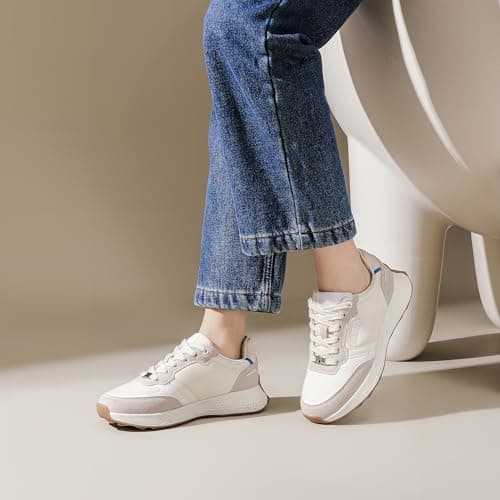 Niaemu Sneakers for Women Lightweight Lace-Up Shoes for Women Non-Slip Artificial Leather TPR Outsole Walking Shoes Tennis Running Fashion Sneakers (10,Beige) - Thumbnail 3