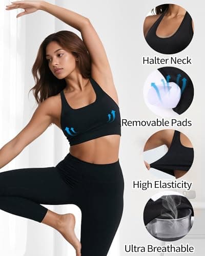 iMucci Halter Sports Bras for Women Low Impact Seamless Yoga Bra, Halter Neck Open Back Padded Removable Cups for Gym Workout Black - Thumbnail 3