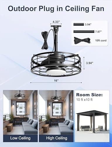 Phylluz Outdoor Ceiling Fan with Lights - 16'' Wet Rated Gazebo Fan Remote/APP Control, Caged Hanging Fan Plug and Play for Covered Patio Porch, Black - Thumbnail 5