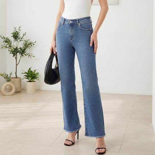 WAISUNZLM Women's High Waisted Bootcut Jeans Wide Leg Stretchy Denim Pants with Raw Hem Blue - Thumbnail 5
