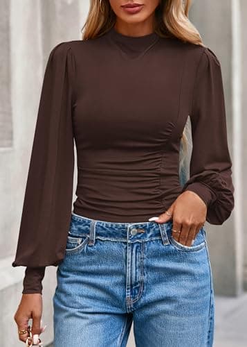KIRUNDO Blouses for Women Dressy Casual 2026 Fall Ruched Puff Long Sleeve Shirts Mock Neck Underscrub Fitted Trendy Tops (Brown, XX-Large) - Thumbnail 3