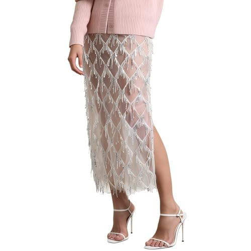 AXX Women's Sequin Fringe Midi Skirt - Sheer Mesh Sparkly Tassel Skirt with Side Slit, Elastic Waist Glitter Party Club (US, Alpha, Medium, Regular, Regular, White) - Image 1