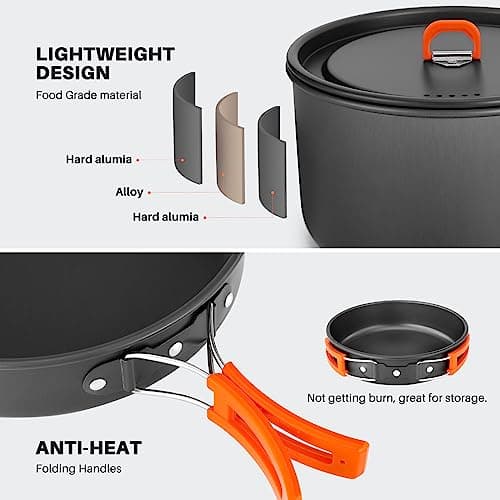Odoland 10pcs Camping Cookware Camping Pots and Pans Set with Kettle Plastic Bowls and Soup Spoon for Camping, Backpacking, Outdoor Cooking and Picnic - Thumbnail 5