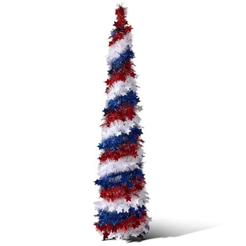 VeriNatural 5 ft 4th of July Decorations Pop Up Tinsel Pencil Tree - USA 250th Anniversary Patriotic Decor, Red White Blue Decorations with Stars for Independence Day, Memorial Day & Veterans Day - Image 1