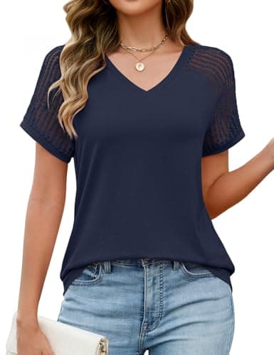 JUSTFASHIONNOW Short Sleeve Blouses for Women Cute Summer Tops Dressy Casual V Neck Tshirts 2026 Trendy Spring Clothes（Navy Blue,X-Large - Thumbnail 4