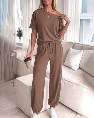 Zenlonr Women Summer 2 Piece Outfits 2026 Off Shoulder Short Sleeve Tops Elastic Waist Drawstring Long Pants Tracksuit(Dark Khaki,Small) - Thumbnail 6