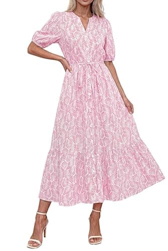 Okiwam Summer Dresses for Women 2026 Casual V Neck Short Sleeve Boho Floral Midi Dress Button Down Beach Vacation Sundress-L Pink Flower - Image 1