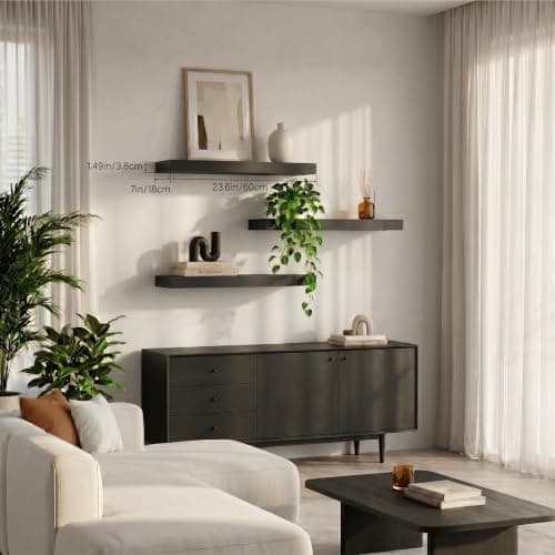 Mifurn Floating Shelves for Wall, Bathroom Shelves Over Toilet, Wall Shelves & Book Shelf for Room, Hanging Shelf, Modern Wooden Mounted Floating Shelves, 24x7x1.5 in (Black, Set of 3) - Thumbnail 6