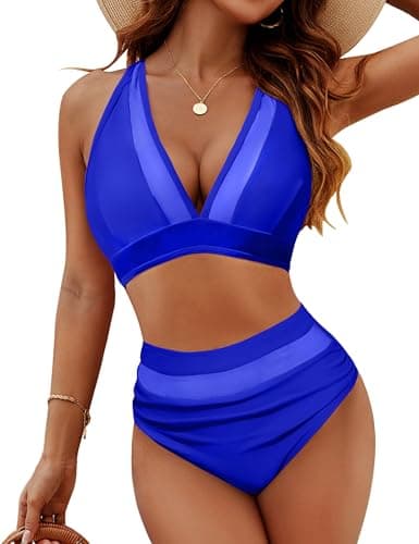 ZAFUL Sheer Panel Bikini Set Halter Neck Back Tie Backless High Waist Tummy Control Mesh Insets Neon Swimwear Royal Blue XS - Image 1