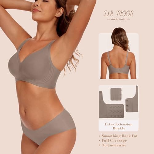 DB MOON Womens Jelly Bras Wireless Seamless Push Up Full Coverage Tshirt Bra No Underwire Supportive Bralette(Light Coffee,S) - Thumbnail 4