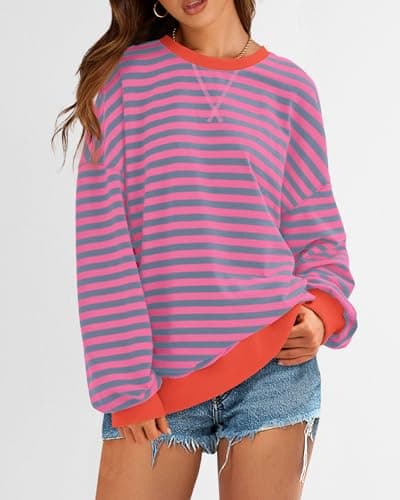 BTFBM Womens Oversized Striped Sweatshirt 2026 Spring Crewneck Long Sleeve Pullover Top Casual Y2K Clothes Workout Shirt(Rose Red Grey Blue, Medium) - Thumbnail 4