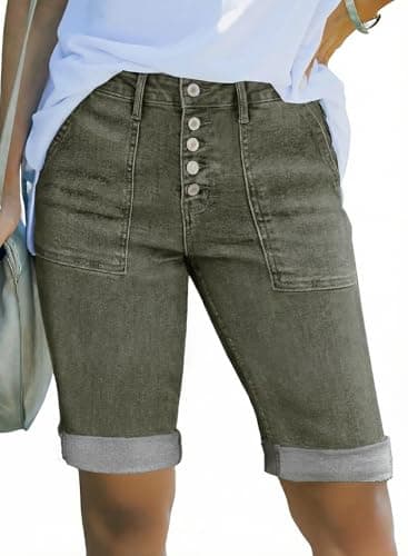 Sidefeel Shorts for Women Casual Trendy High Waisted Stretchy Jeans Shorts Summer Button Fly Folded Hem Bermuda Shorts Green Size 8 - Image 1