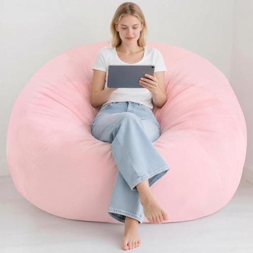Homguava 6FT Bean Bag Chairs for Adults Teardrop BeanBag Chair Comfy Memory Foam Bean Bags Two-Tone Distressed Velvet&Corduroy Washable Cover for Living Room, Home (Corduroy, Pink) - Thumbnail 6