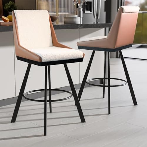 Ollega Bar Stools Set of 2, 26" Counter Height Bar Stools, Upholstered Swivel Barstools with Backs, Loop Yarn Fabric&Pu Leather, Metal Legs for Kitchen Island, Beige&Brown