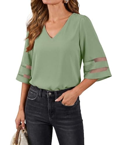 LookbookStore Women's V Neck Floral Print Mesh Panel Blouse 3/4 Bell Sleeve Loose Summer Top Shirt Cameo Green Size XXX-Large Size 24 Size 26 - Image 1