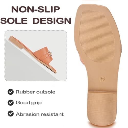 YTSKJ Sandals for Women 2026 Square Open Toe Fashion Slides Women Dressy Summer Flat Beach Cute Ladies Faux Leather Casual Shoes with Golden Chain Brown Size 6 - Thumbnail 6