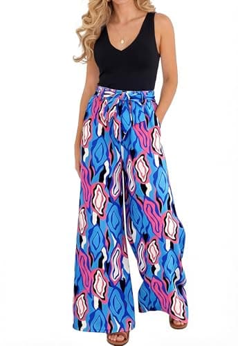BTFBM Two Piece Sets For Women Summer 2026 Spring Outfits Casual Sleeveless Wide Leg Pants Sets Beach Vacation Clothes(Floral Blue, Medium) - Image 1
