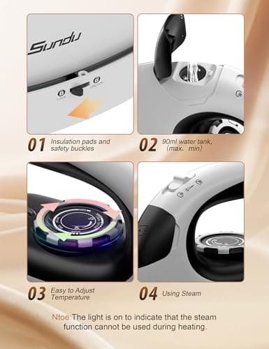 Sundu 1000W Mini Travel Steam Iron, Portable Small Iron for Quilting & Sewing, Non-Stick Soleplate, 300 Steam Holes, 90ml Tank, Safety Base & Digital Temperature Control-Black White - Thumbnail 3