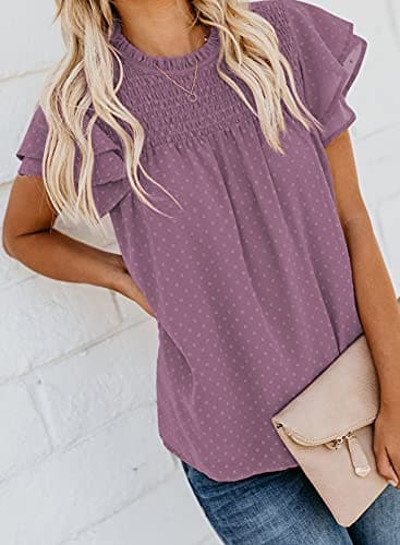 Dokotoo Women's Ladies Sexy Lace Crewneck Ruffle Short Sleeve Smocked Shirts for Women Casual Loose Cute Swiss Dot Pom Pom Chiffon Blouses Tops Small Purple - Thumbnail 3