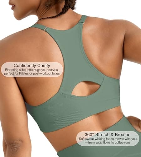 ULTREAGLE Womens Comfortable Sports Bra - Racerback Light Support Padded Yoga Bra Adjustable Spaghetti Strap Workout Bra Tops, Green, S - Thumbnail 4