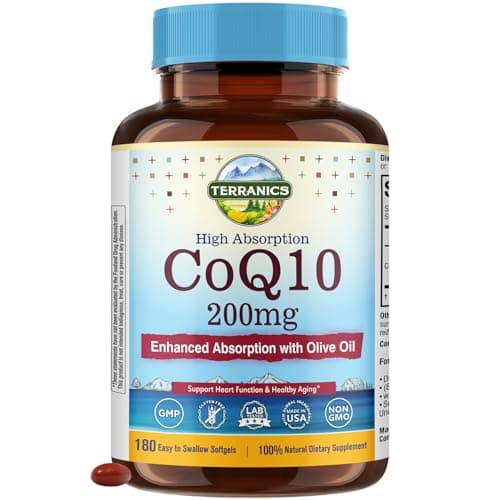 Terranics CoQ10 200mg, Coenzyme Q10 with Extra Virgin Olive Oil for High Absorption, No Gluten, Non-GMO, for Heart Health, Energy, Antioxidant Capacity, 180 Easy to Swallow Softgels - Image 1