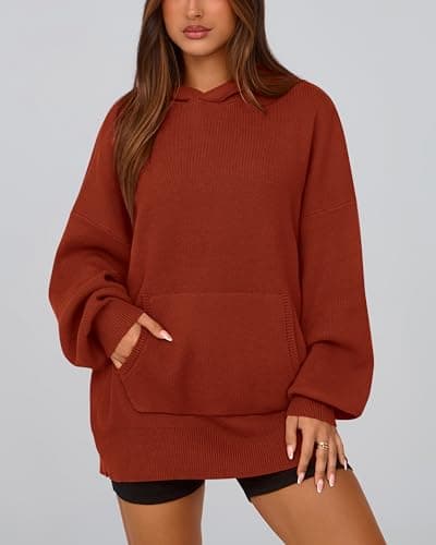 dowerme Women Oversized Sweaters 2026 Lantern Long Sleeve Drop Shoulder Chunky Knit Hooded Pullover Sweater with Pocket(Caramel,Medium) - Thumbnail 2