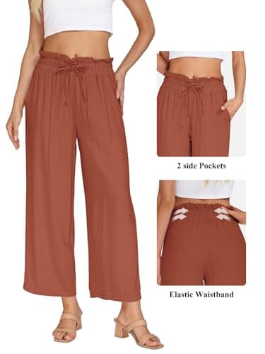 VUTRU Women Pants Wide Leg Casual Summer Slacks Tall Petite Plus Size Flowy Loose Travel Lounge Linen Trousers with Pockets, Rust Red L - Thumbnail 3