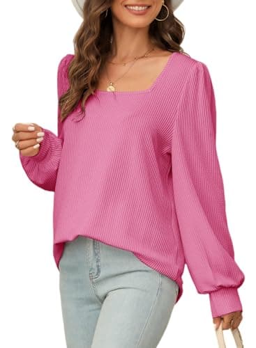 Dokotoo Womens Shirts Fall Casual Long Sleeve Square Neck Solid Pullover Ladies Waffle Striped Knitted Sweatshirt Womens Clothes Autumn Winter Tunic Blouses Red Large - Image 1