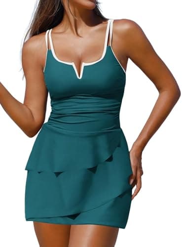 ZAFUL Women's One Piece Swimsuits Tummy Control One Piece Swim Dress Bathing Suits Slimming V Neck Swimwear Peacock Green L - Image 1