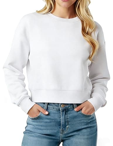 LETSEE Cropped Sweatshirt for Women Oversized Crewneck Cotton Long Sleeve Crop Pullover Casual Lightweight Boxy Sweater White - Image 1
