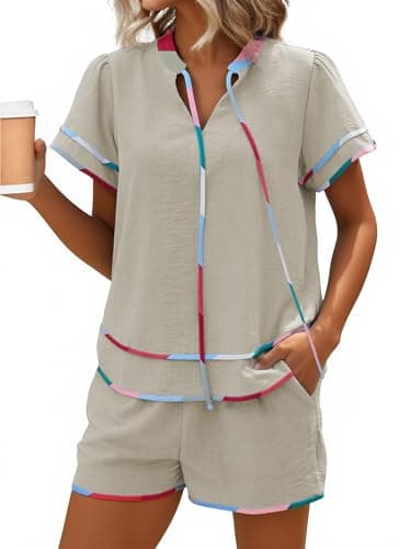 ECOWISH Womens Summer 2 Piece Outfits Babydoll Tops Shorts Sets Cute Loose Fit V Neck Shirts Tracksuits For Beach Vacation Holiday Beige XL - Image 1