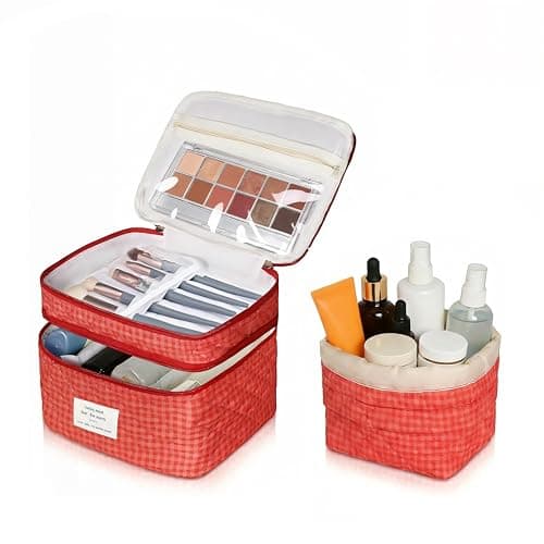 Gosect Makeup Bag, Quilted Cosmetic Bag Set, Drawstring Makeup Bag with Canvas Lining, Large Floral Toiletry Bag for Women Girls, Cute Cotton Flower Travel Organizer Bag(Red Flower