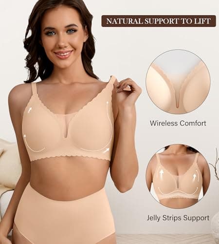 DEANGELMON Wireless Bras for Women Seamless Push Up Bralettes Scalloped V Neck Mesh Bra Tshirts Bra Comfort Everyday Bras(Skin,XXL) - Thumbnail 2