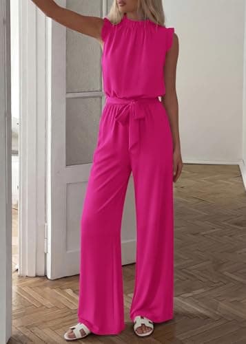 KIRUNDO Jumpsuits For Women Dressy Summer One Piece Sleeveless Ruffle Mock Neck Belt Pockets Formal Wide Leg Pants Romper(Rose Red, Large) - Thumbnail 4