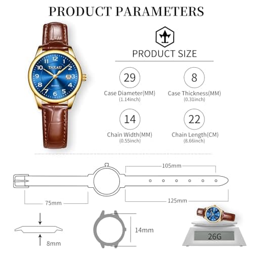 Taxau Watches for Women Blue Face Leather Small Wrist Watch Luxury Analog Lady Watch with Date Large Arabic Numbers Water Resistant Casual Fashion Elegant Brown Watches Reloj para Mujer - Thumbnail 5