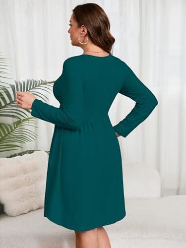 AusLook Women's Plus Size Long Sleeve Midi Dress Crewneck Casual Empire Waist Loose Flowy Dresses A-Line Boho Party 2025 Fall Winter Long Indigo Blue 2X Dress Vacation Outfit with Pockets - Thumbnail 6