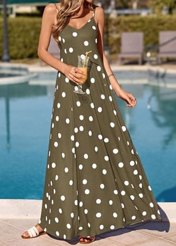KIRUNDO Polka Dot Dress for Women Summer 2026 Sleeveless Spaghetti Strap Beach Vacation Cruise Boho Long Flowy Maxi Dresses(Army Green, Small) - Thumbnail 2