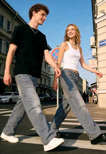 DISLANBO Baggy Wide Leg Jeans for Men Y2K Streetwear Vintage Loose Fit Denim Pants Blue - Thumbnail 5