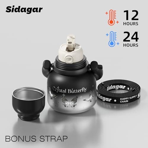 Sidagar 22 oz Water Bottle with Straw and Bowl, Unique Wide Mouth Insulated Stainless Steel Tumbler, Beach Vacation Essentials, Aesthetic Fashion Gift for Her, Mom, Heart Charm, Black & Pink - Thumbnail 4